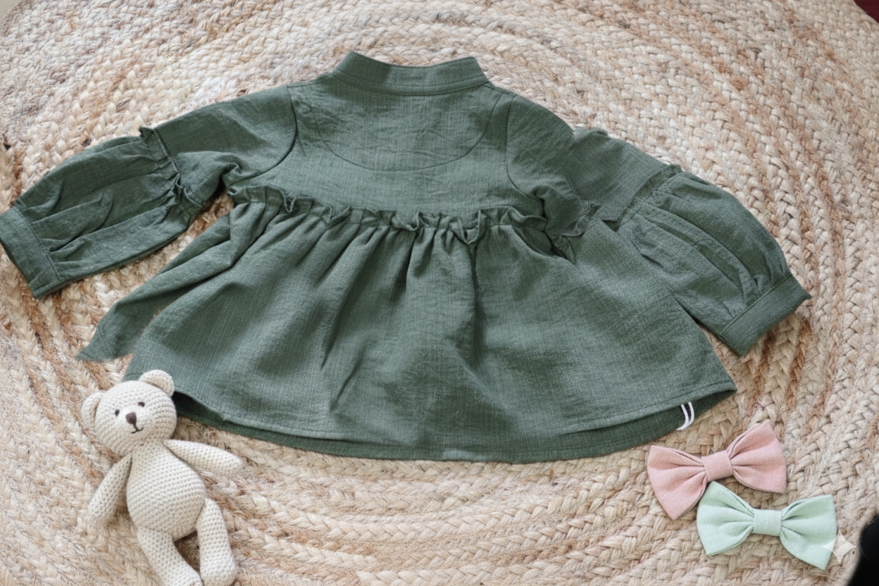 Olive Green Puff Sleeve Baby Top – Soft Infant Wear