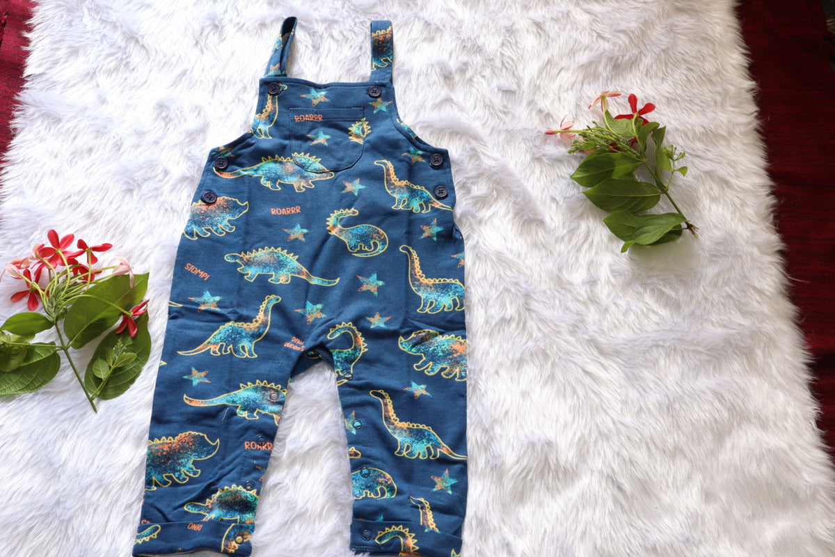 Babyhug Dinosaur Print Dungaree Set with Striped Full-Sleeve T-Shirt