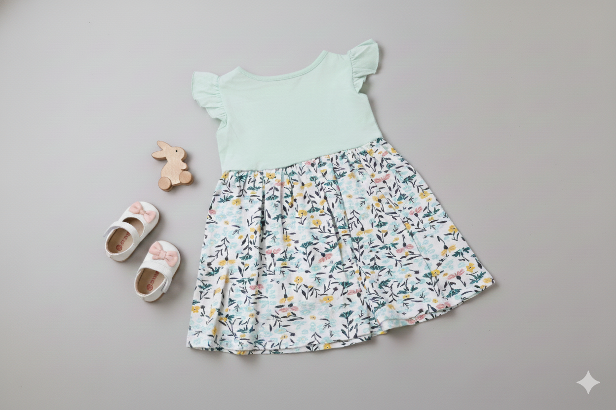Cotton Baby Girl Frock with Floral Print & Bunny Design
