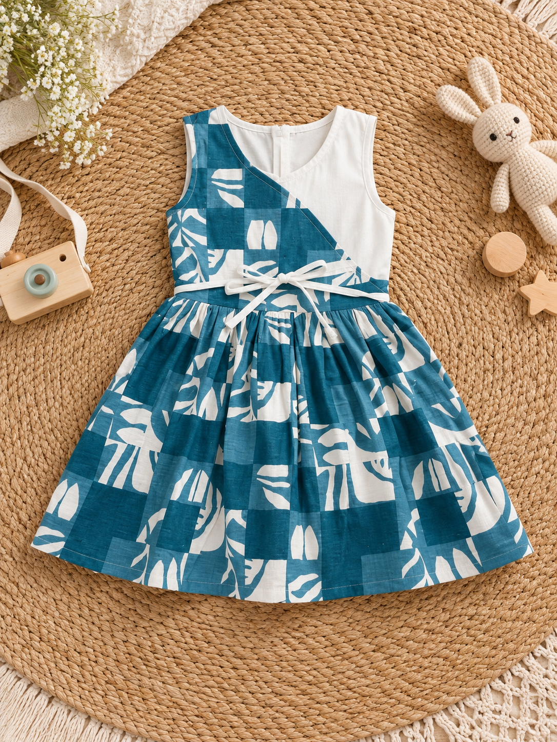 Teal Blue & White Cotton Girls Frock β Stylish & Comfortable