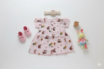 Muslin Puff Sleeve Frock – Pink Woodland Print