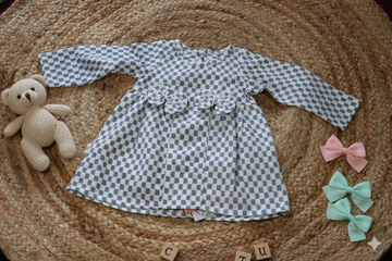 Sky Blue Check Smock Baby Dress – Full Sleeves Cotton