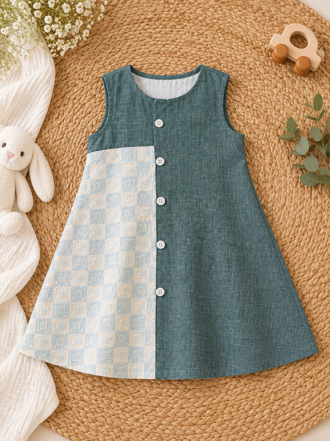 Girls Cotton Teal Panel Frock with Front Buttons