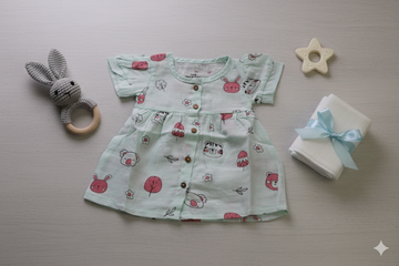 Muslin Puff Sleeve Frock – Mint Animal Print