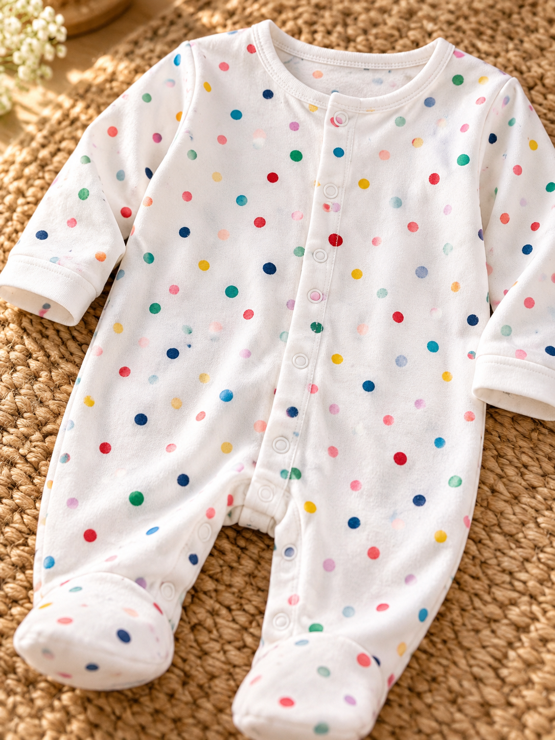 Baby Full Sleeve Footed Romper, Pack of 3, Polka Dot, Stripe & Pink (6-9 Months)