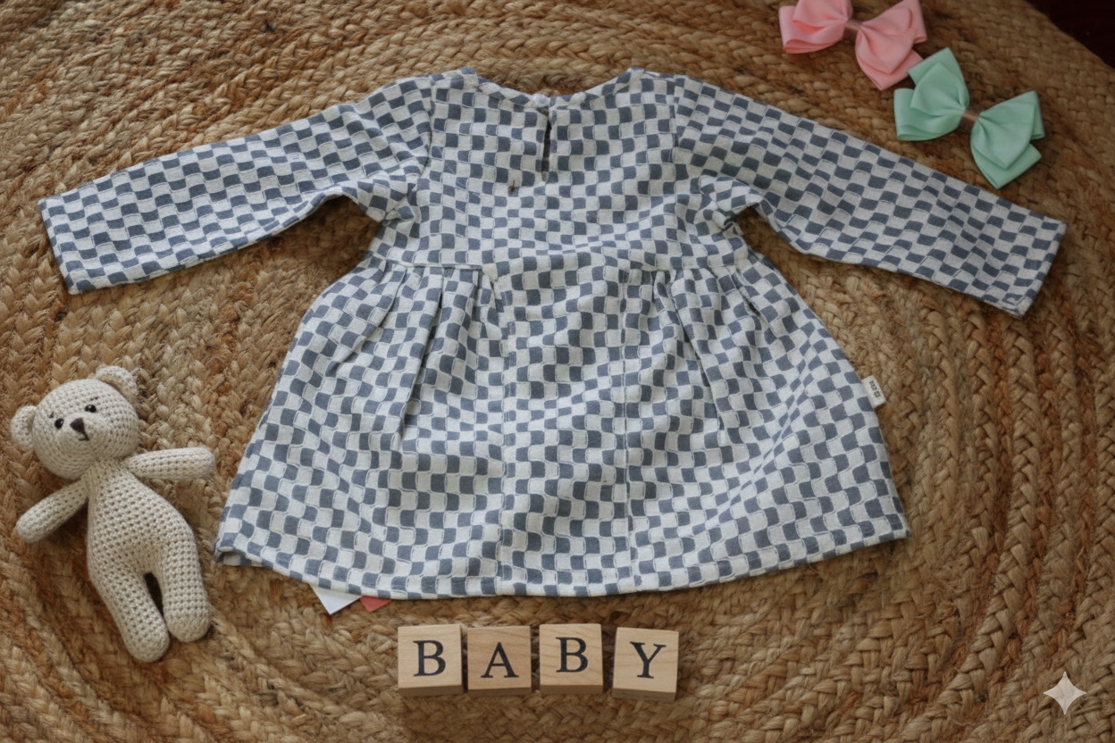 Sky Blue Check Smock Baby Dress – Full Sleeves Cotton
