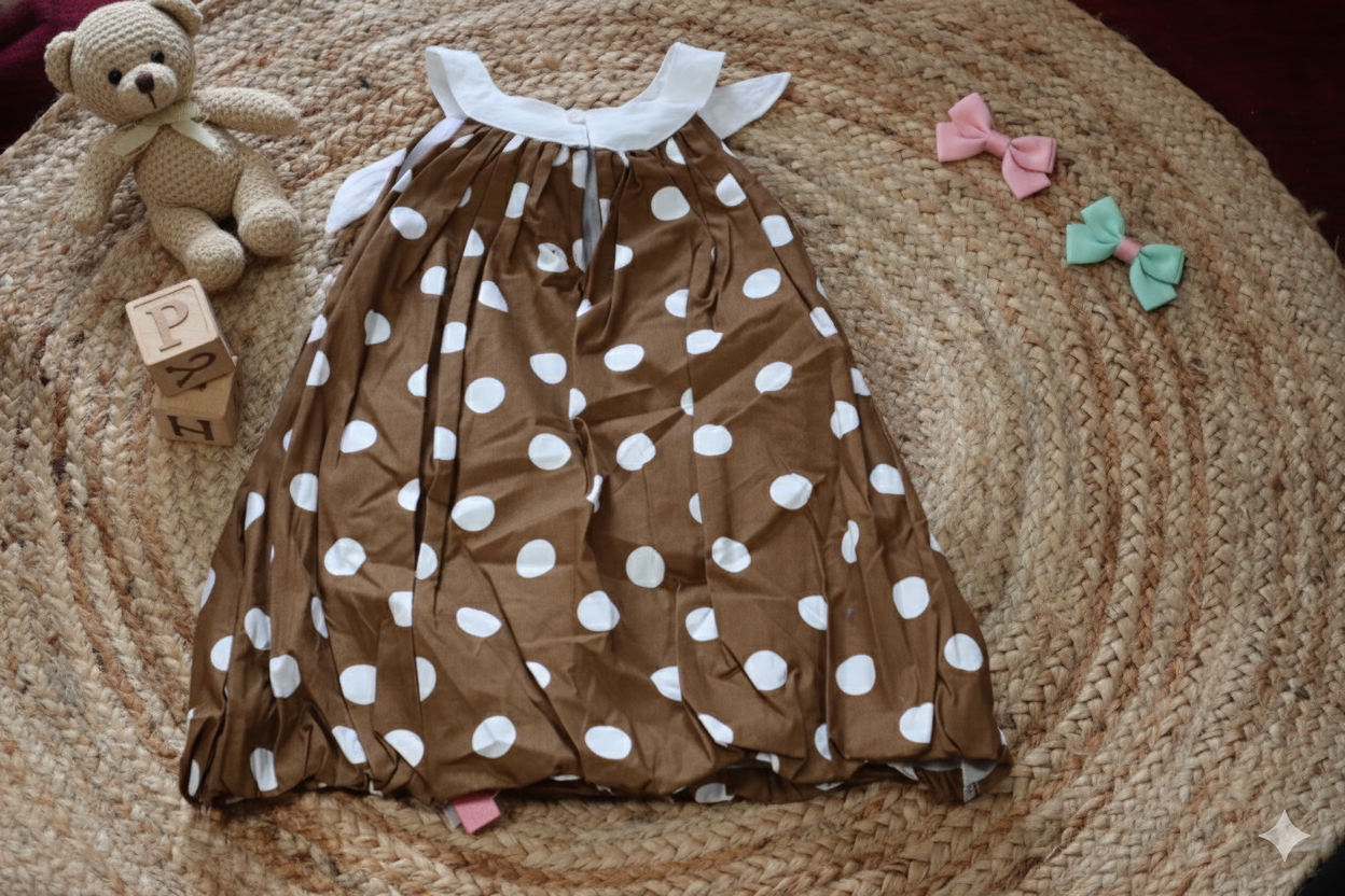 Brown & White Dotted Baby Party Frock – Sleeveless Comfort