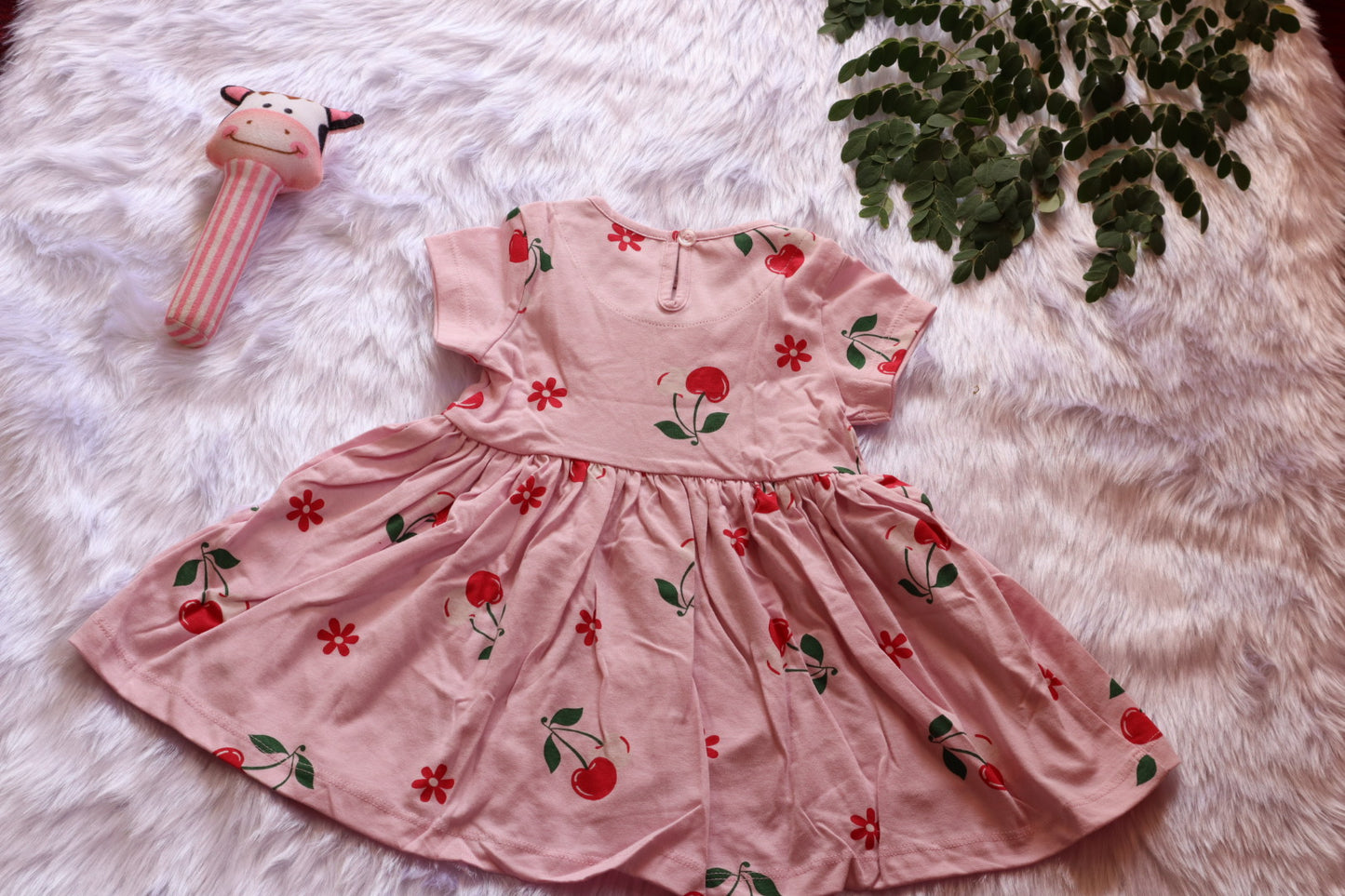 Cotton Girls Pink Cherry Print  Dress with Bow