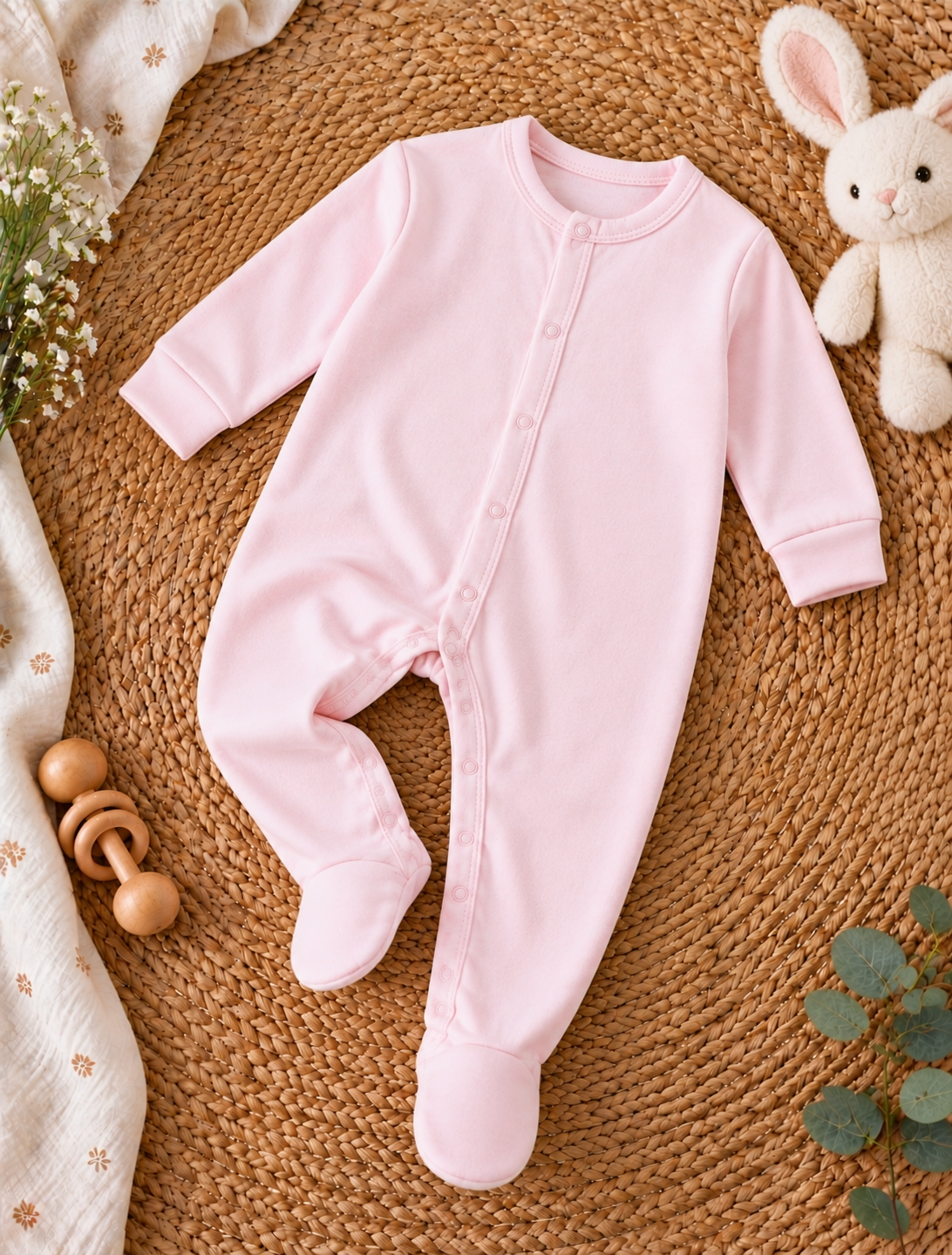 Baby Full Sleeve Footed Romper, Pack of 3, Polka Dot, Stripe & Pink (6-9 Months)