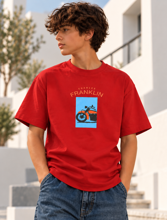 Red Oversized Graphic T-Shirt – Retro Motorcycle Print – 240 GSM