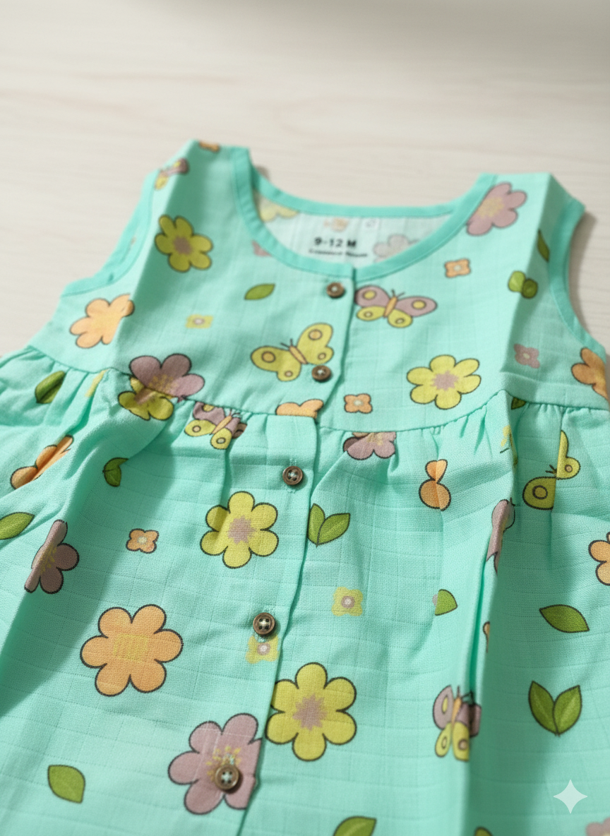 Mint Green Cotton Baby Frock with Floral Print