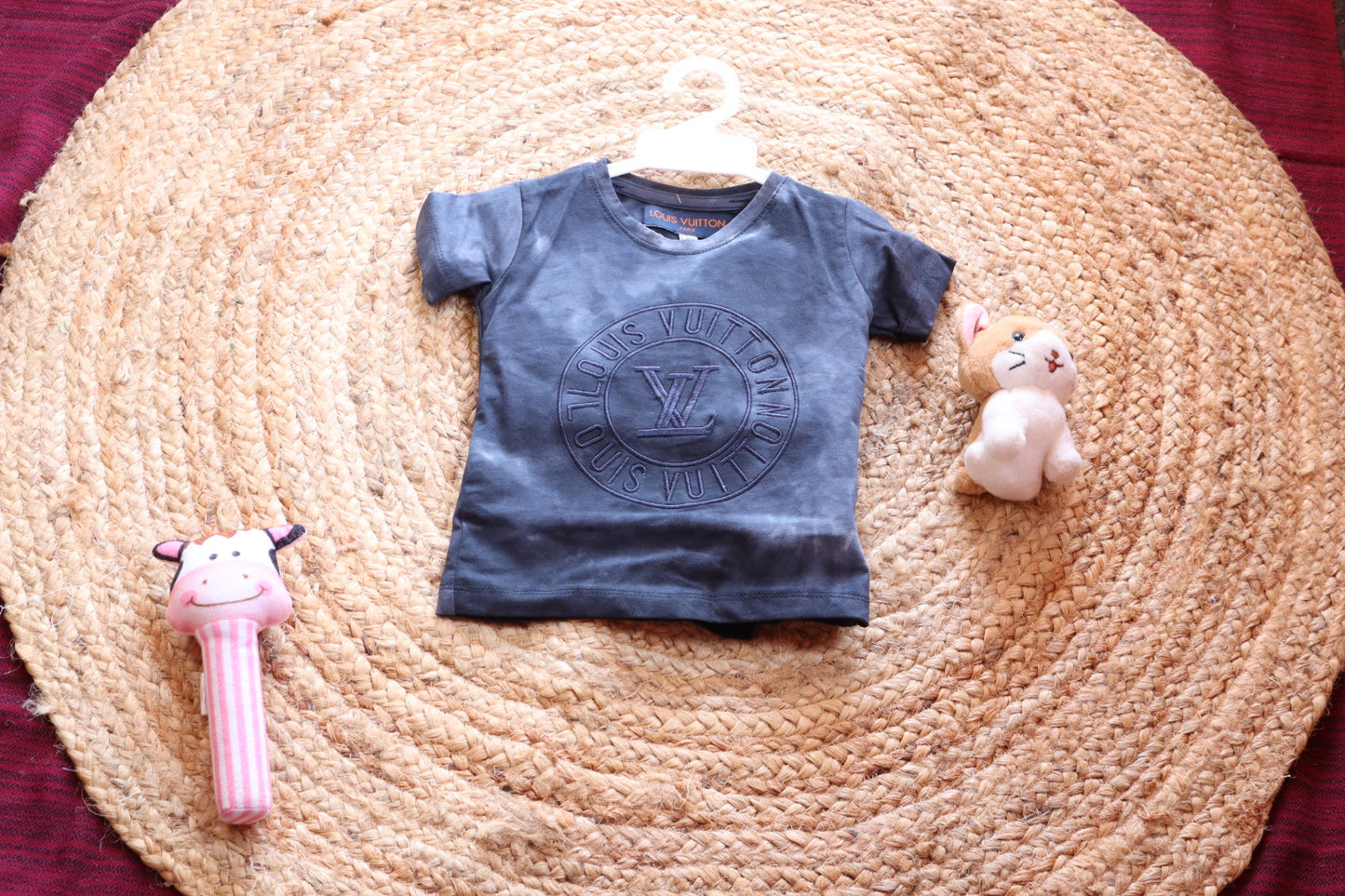 LV Inspired Kids Coord Set | Washed Grey Embroidered T-Shirt & Shorts