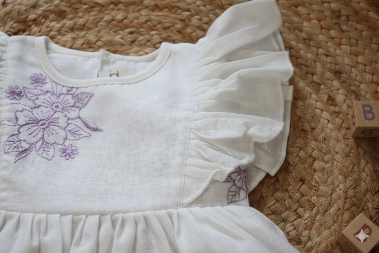White Lilac Floral Baby Dress – Cotton Sleeved Frock