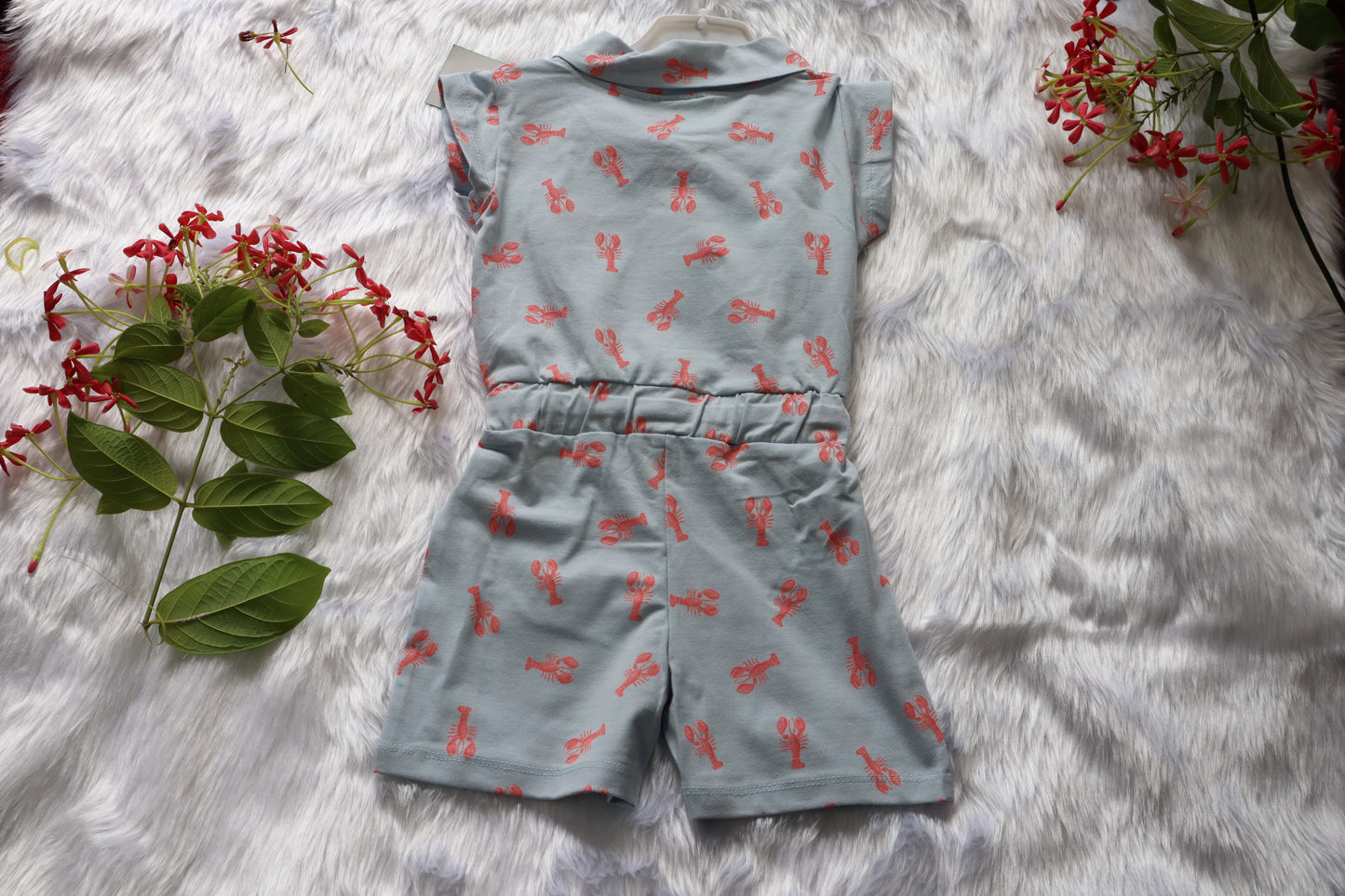 Girls Grey Lobster Print Knitted Cotton Jumpsuit