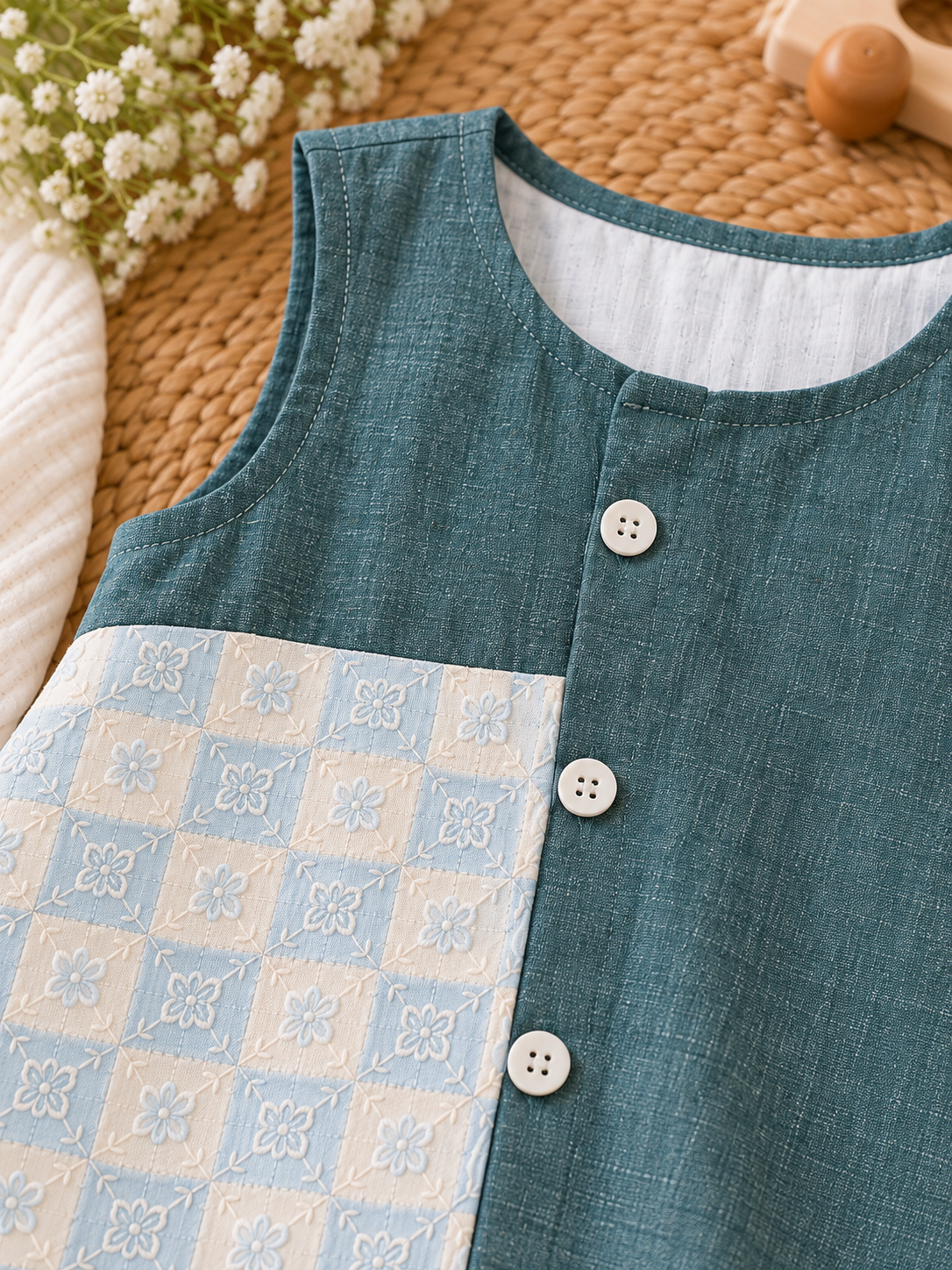 Girls Cotton Teal Panel Frock with Front Buttons
