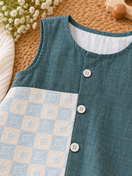 Girls Cotton Teal Panel Frock with Front Buttons – photo 2
