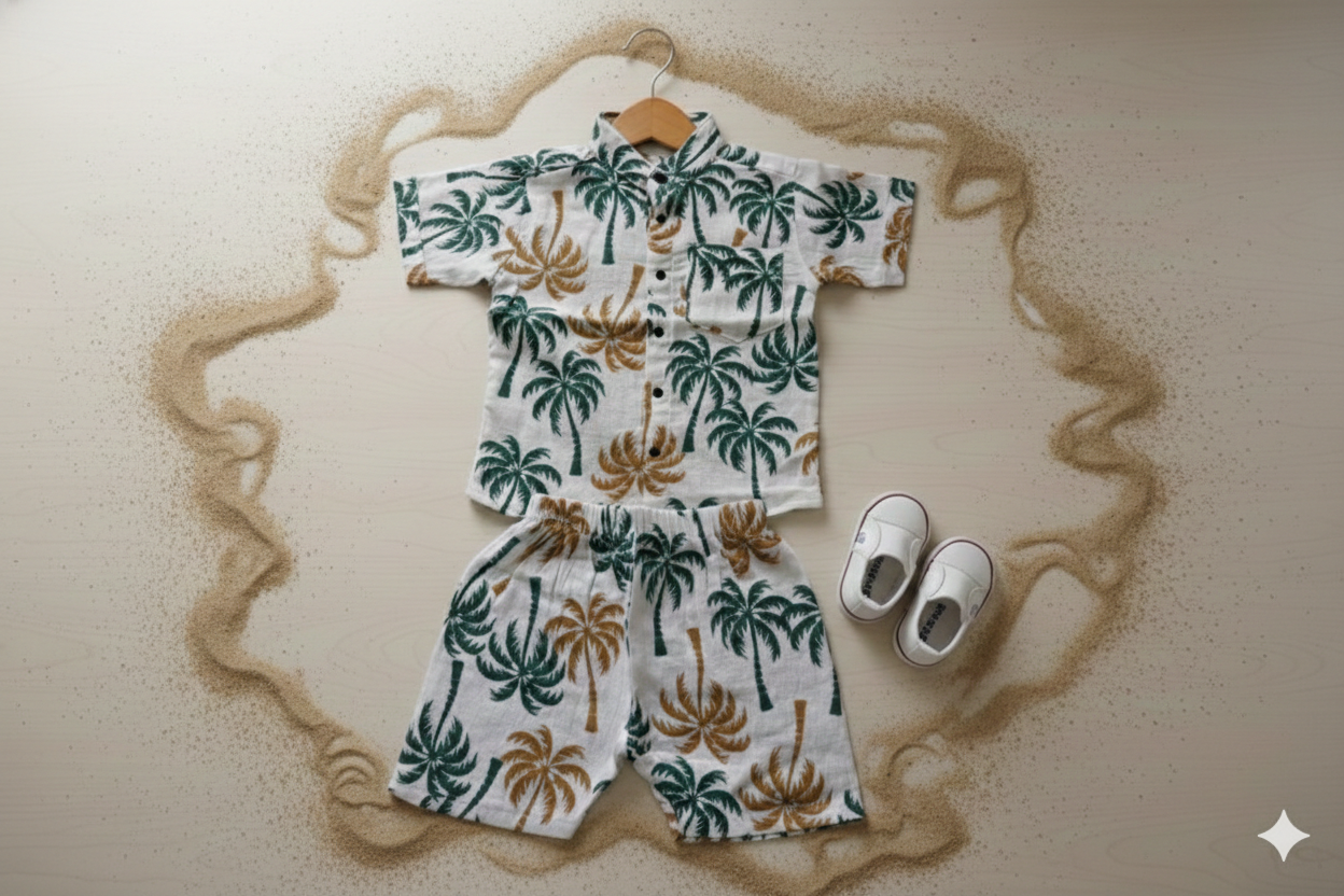 Muslin Chinese Collar Coord Set- Tree print