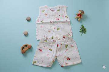 Muslin Sleeveless Jabla & Shorts Set – White Car Print