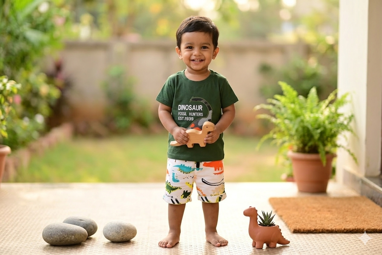 Dino Fossil Hunter cotton summer short set for baby boys
0-3 years | Shishu Vastra