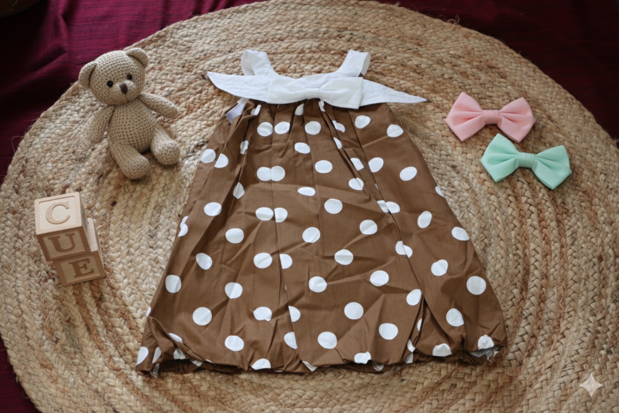 Brown & White Dotted Baby Party Frock – Sleeveless Comfort