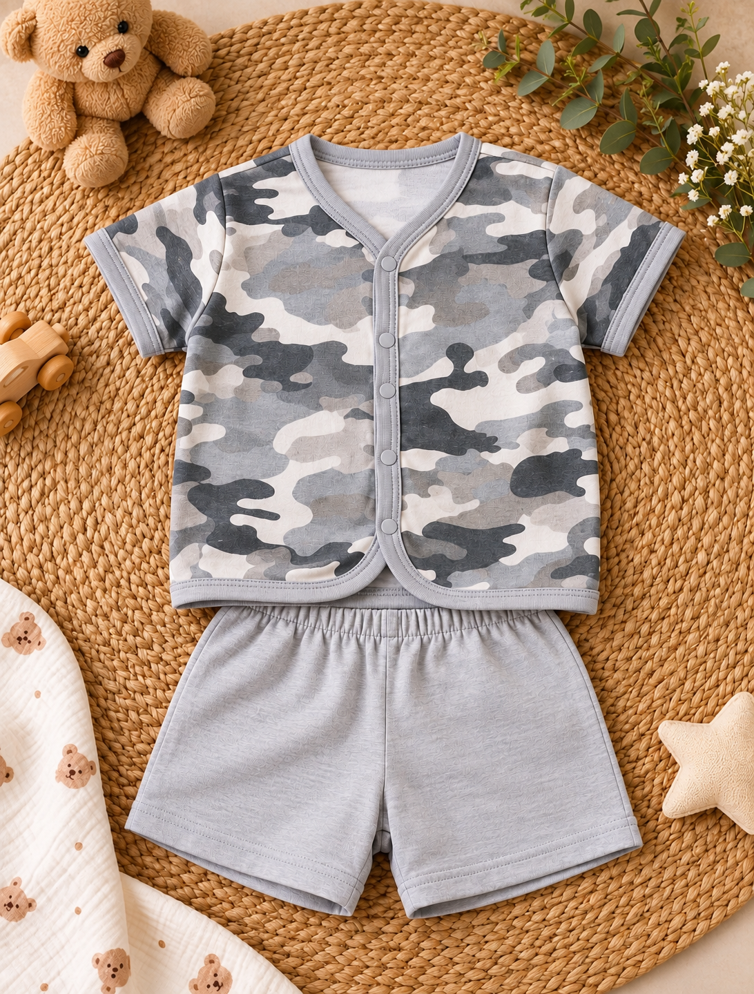 Soft Cotton Button-Front Shirt & Grey Shorts Co-ord Set for Babies, Pack of 3
