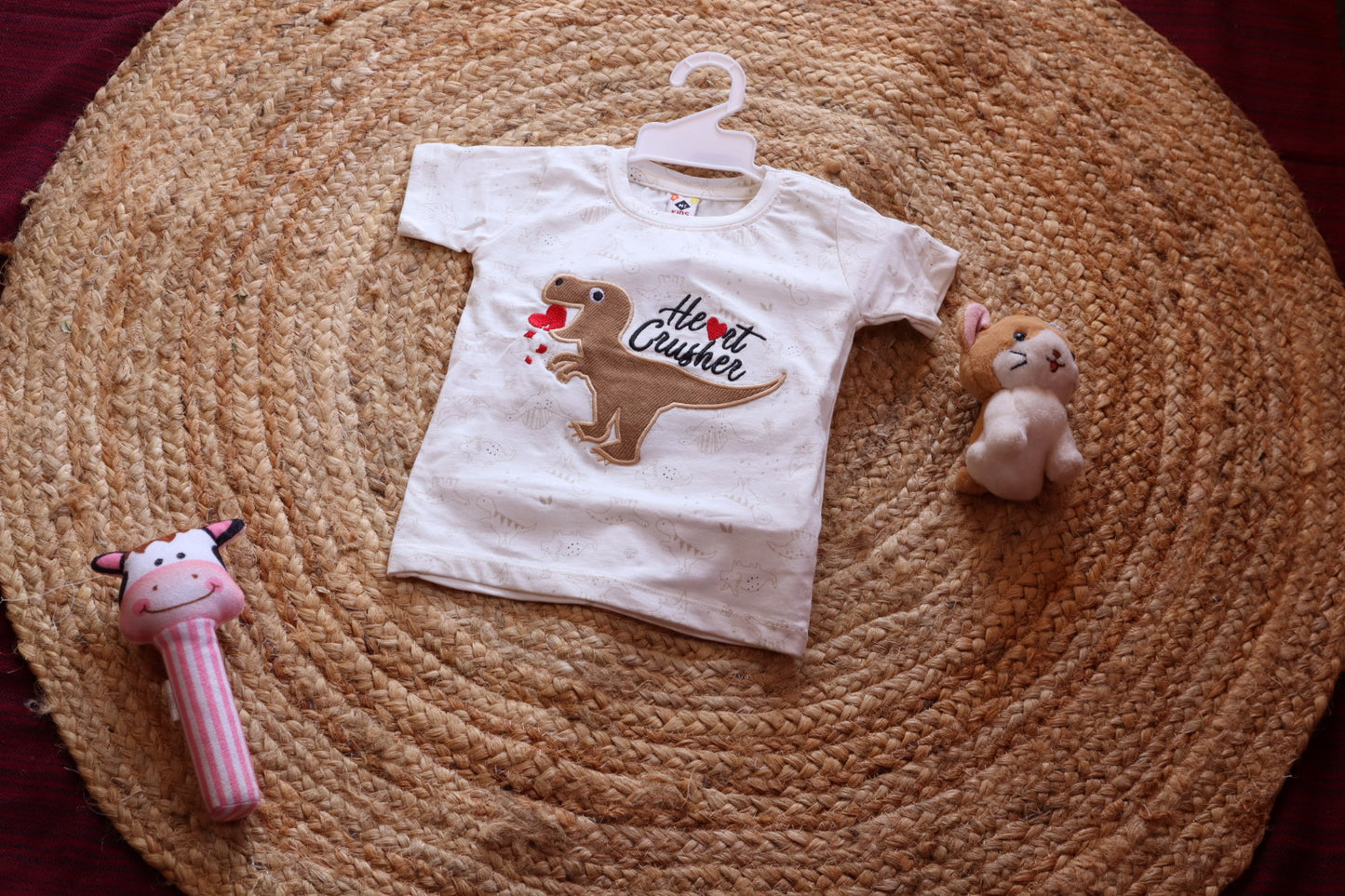 Heart Crusher Dino Kids Coord Set | Appliqué T-Shirt & Shorts | White