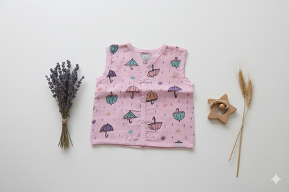 Muslin Sleeveless Jabla Top – Pink Umbrella Print