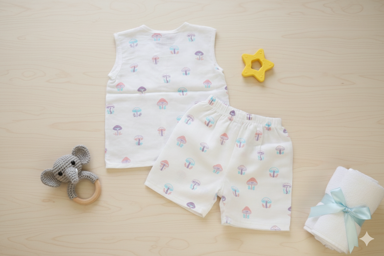 Muslin Sleeveless Jabla Short Set