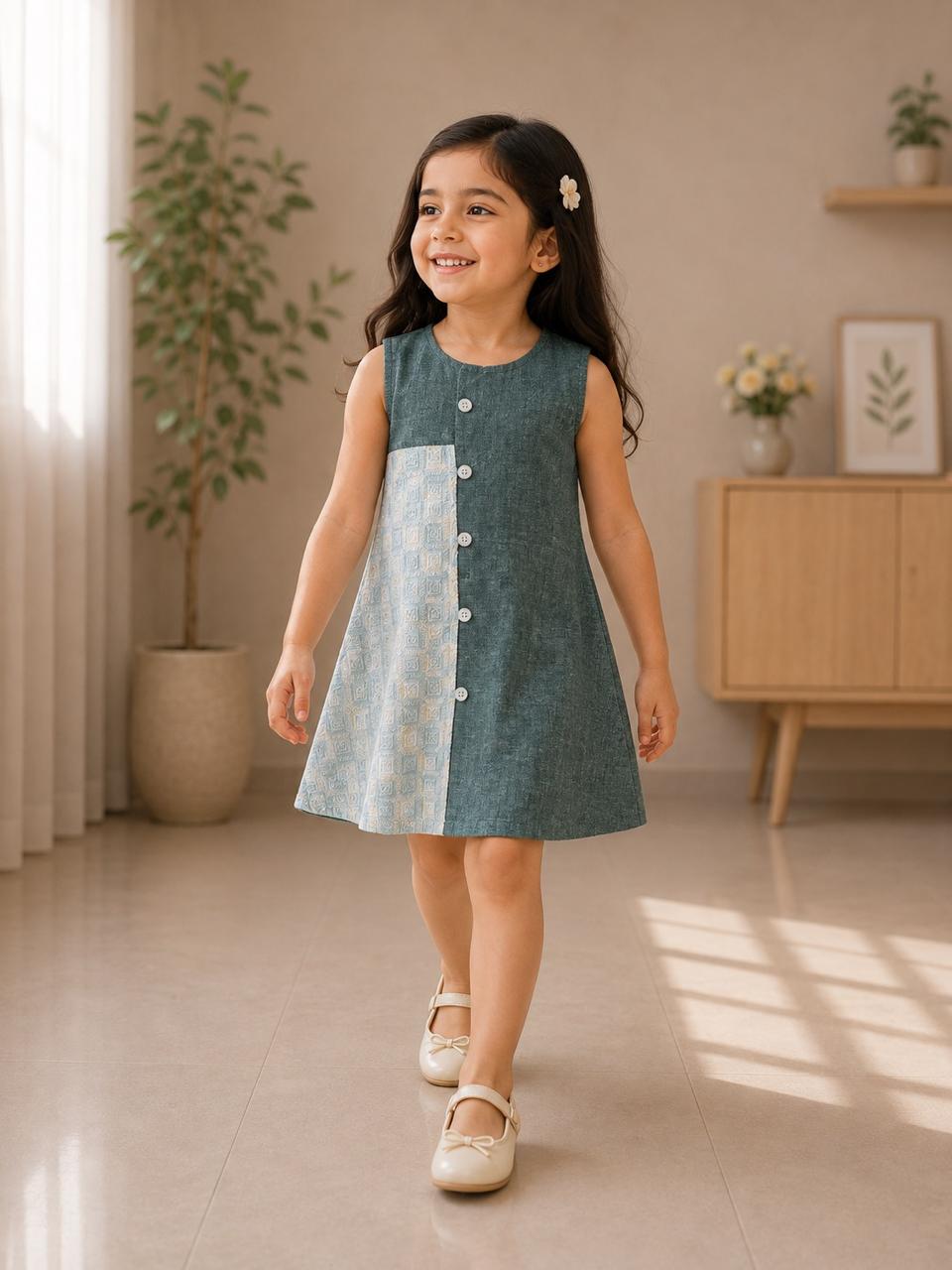 Girls Cotton Teal Panel Frock with Front Buttons