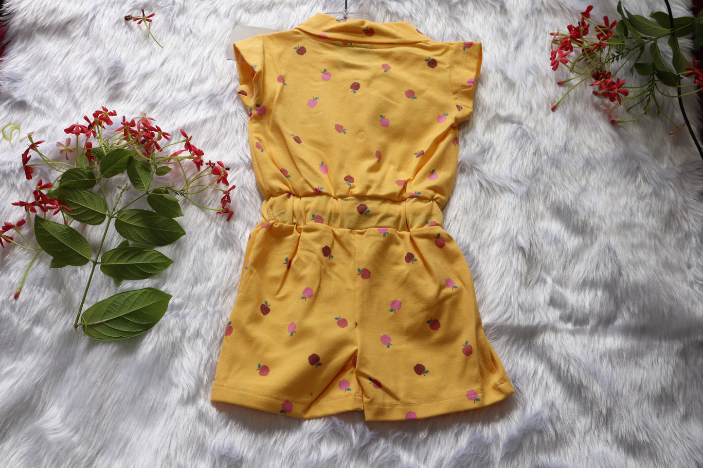 Girls Yellow Apple Print Knitted Cotton Jumpsuit