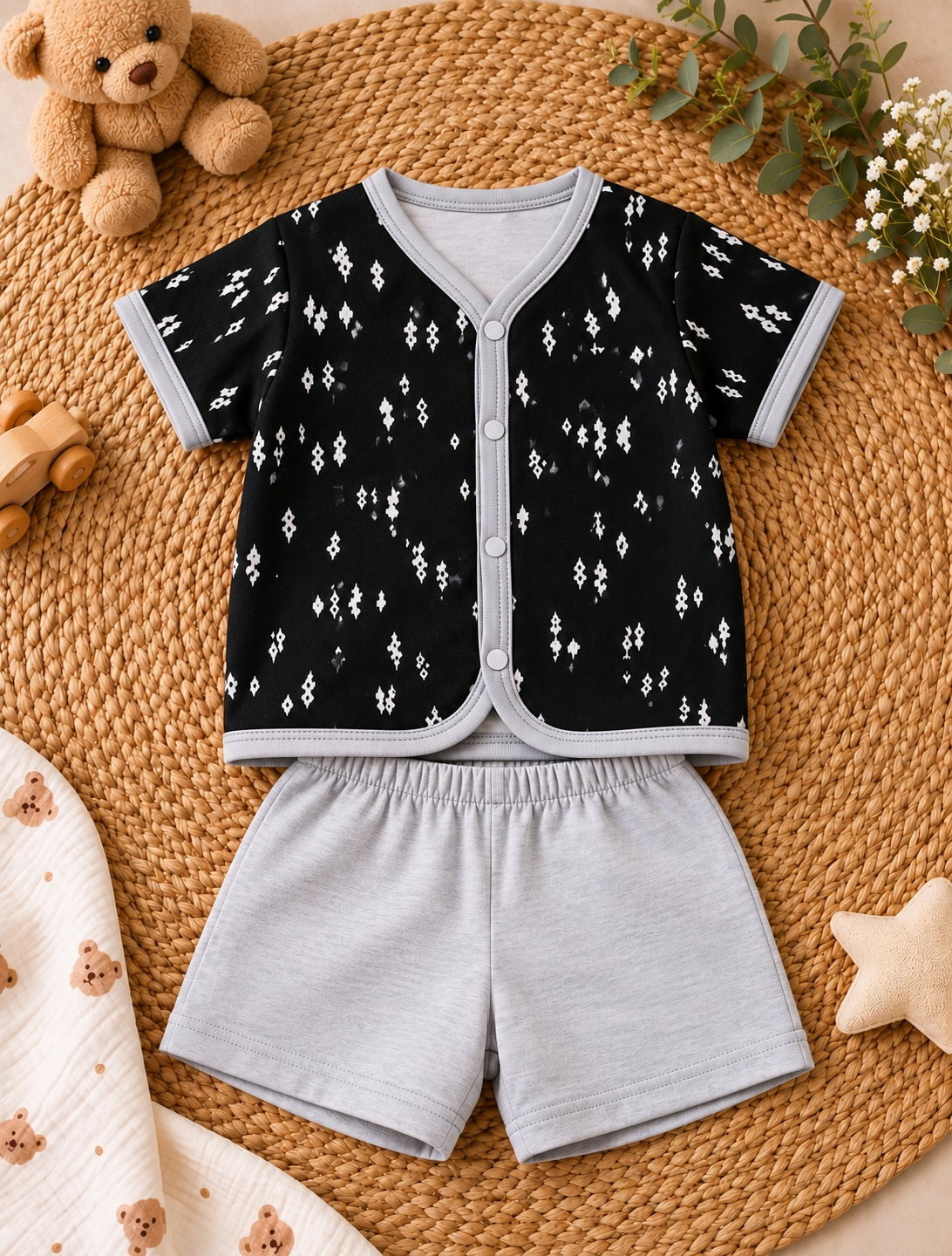 Soft Cotton Button-Front Shirt & Grey Shorts Co-ord Set for Babies, Pack of 3