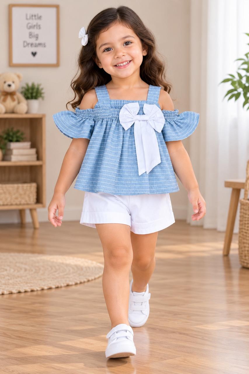 Blue Bow Ruffle Cotton Baby Girls Co-ord Set