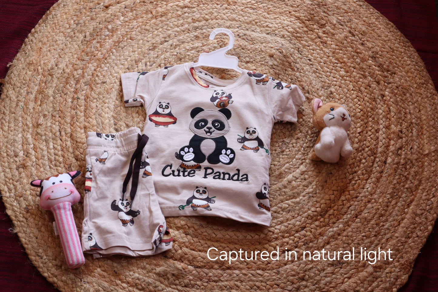Cute Panda Kids Coord Set | Appliqué T-Shirt & Shorts | Cream