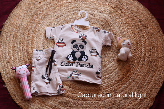 Cute Panda Kids Coord Set | Appliqué T-Shirt & Shorts | Cream