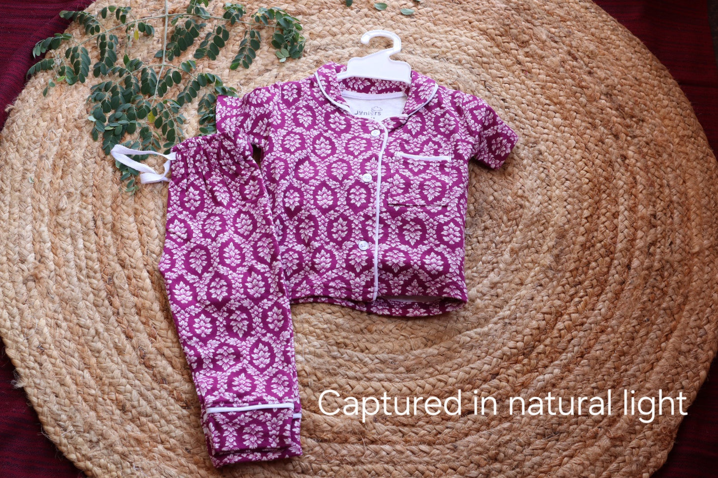 Kids Magenta Floral Block Print Nightsuit | Cotton Sleep Shirt & Pyjama Set
