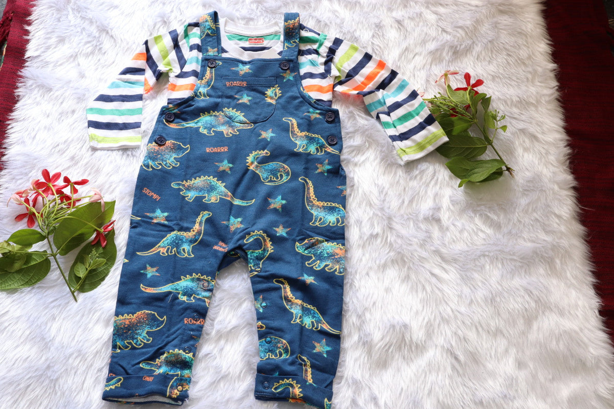Babyhug Dinosaur Print Dungaree Set with Striped Full-Sleeve T-Shirt