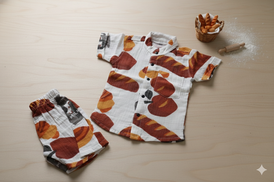 Muslin Chinese Collar Coord Set- Apple, bread Print