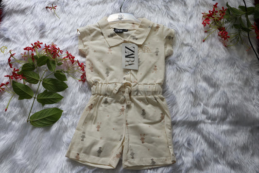 Cream Bunny Print Knitted Cotton Jumpsuit