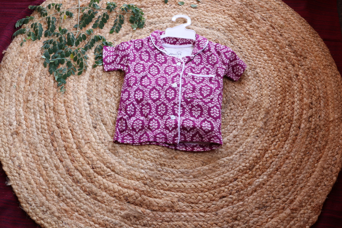 Kids Magenta Floral Block Print Nightsuit | Cotton Sleep Shirt & Pyjama Set