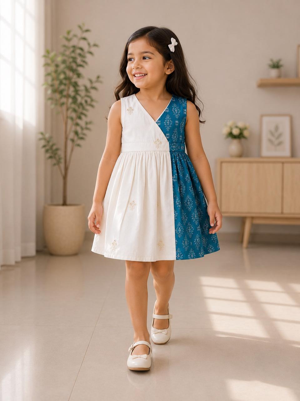 Girls Cotton Colour-Block Printed Frock – Blue & White