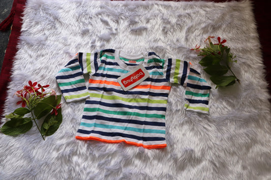 Babyhug Dinosaur Print Dungaree Set with Striped Full-Sleeve T-Shirt