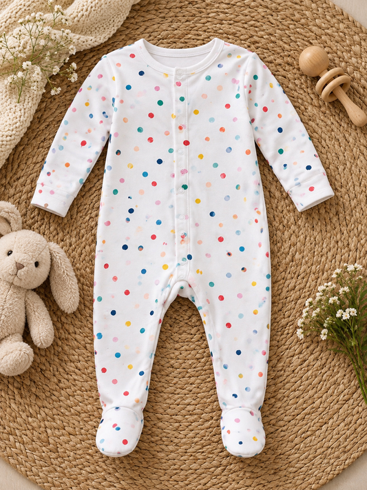 Baby Full Sleeve Footed Romper, Pack of 3, Polka Dot, Stripe & Pink (6-9 Months) – photo 2