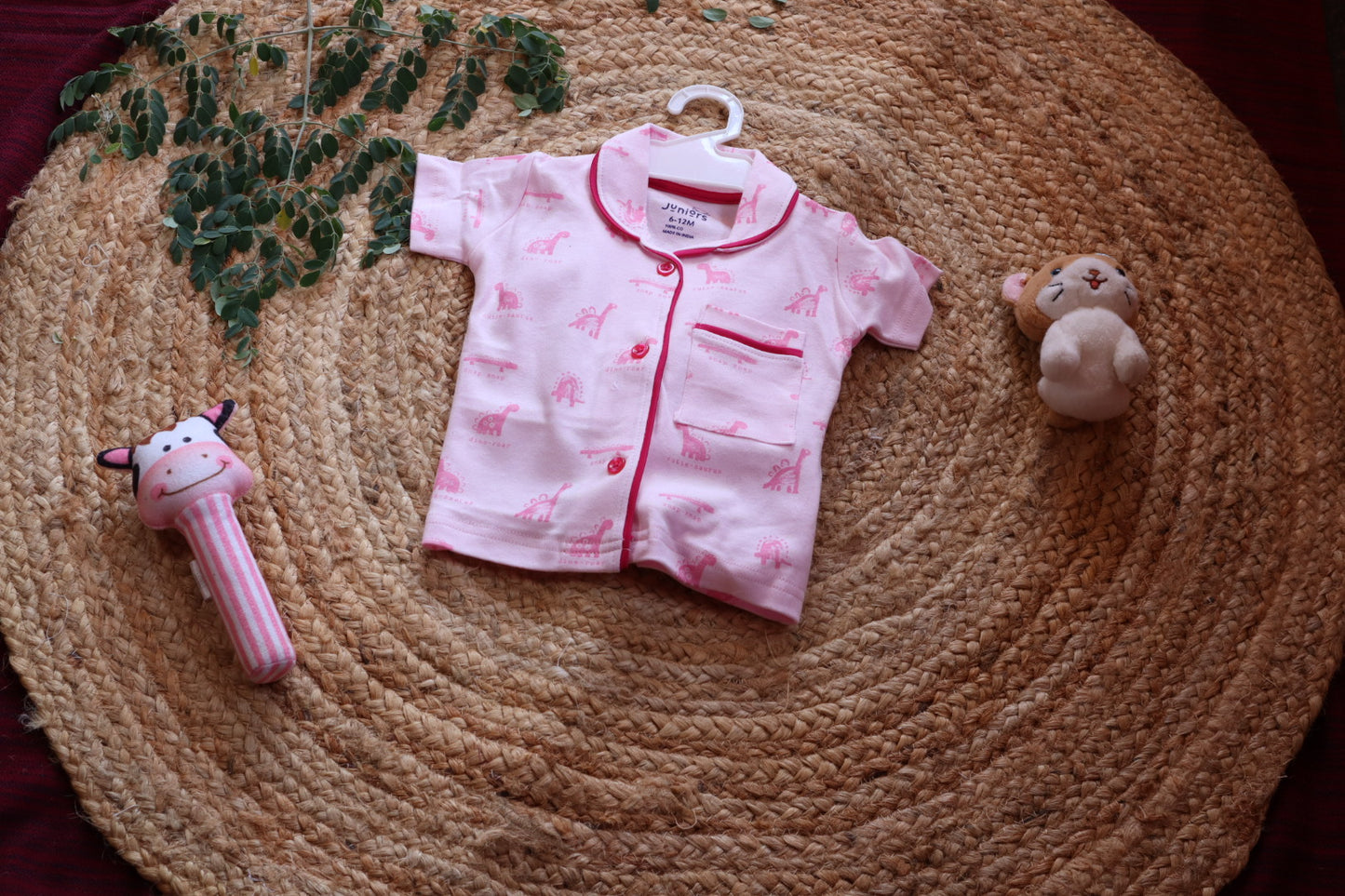 Cotton Pink Dino Print Baby Nightsuit Set