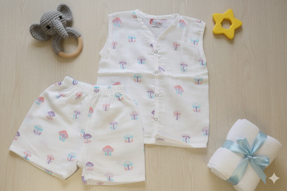 Muslin Sleeveless Jabla & Shorts Set – White Mushroom Print