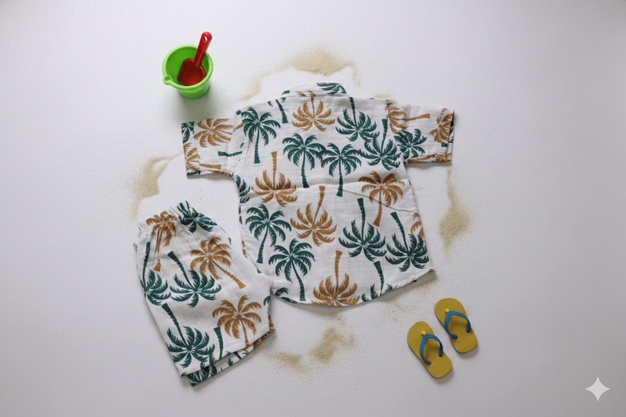 Muslin Chinese Collar Coord Set- Tree print