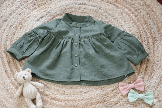 Olive Green Puff Sleeve Baby Top – Soft Infant Wear