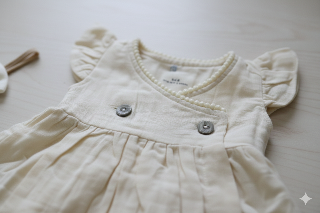 Cream Muslin Pom Pom Baby Frock – Cross-Body Style Dress