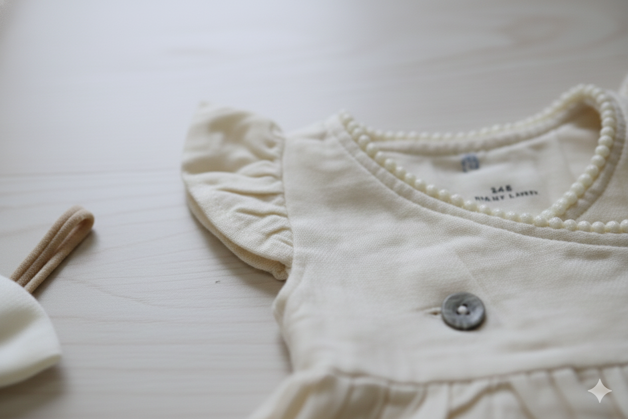 Cream Muslin Pom Pom Baby Frock – Cross-Body Style Dress
