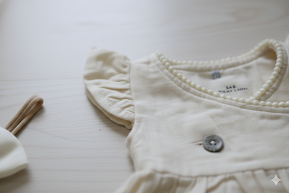 Cream Muslin Pom Pom Baby Frock – Cross-Body Style Dress – photo 3
