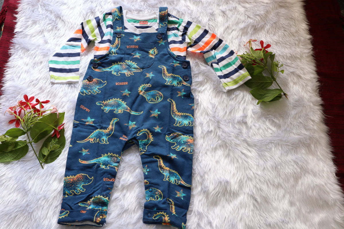Babyhug Dinosaur Print Dungaree Set with Striped Full-Sleeve T-Shirt